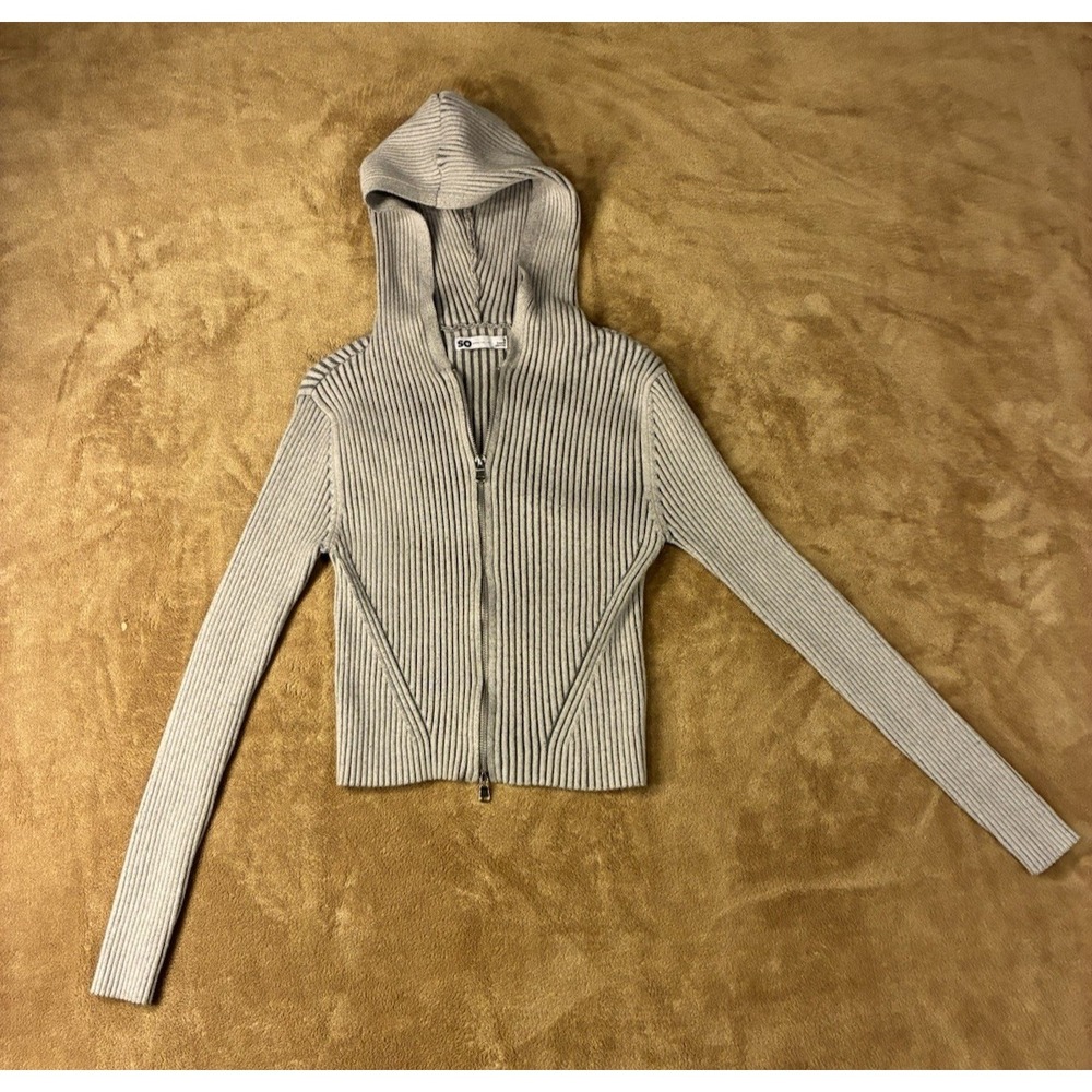 Women's Sweater Small Gray Ribbed Knit Full Zip Hooded Sweater Y2K Vibes Cozy